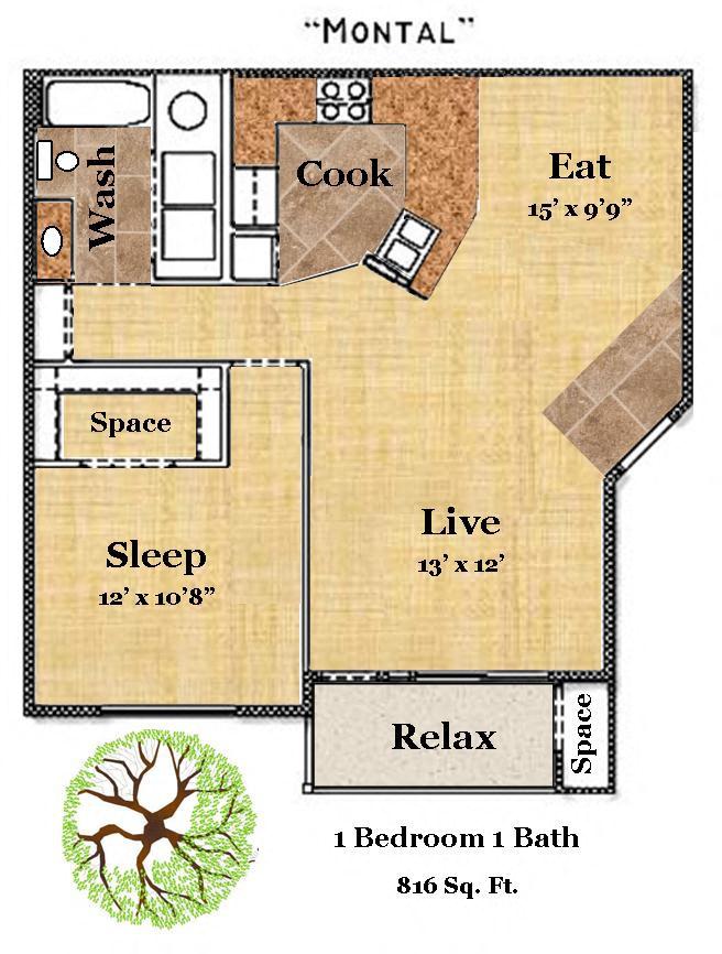 Floor plan for 1 bed, 1 bath, 816 sqft